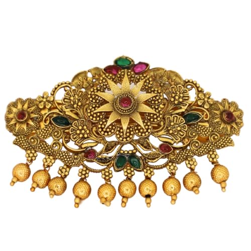 JWELLA Gold-Plated Antique Hair Clip with Pink & Green Stones & Drops Bridal & Festive Accessory (Design 7) - Image 2