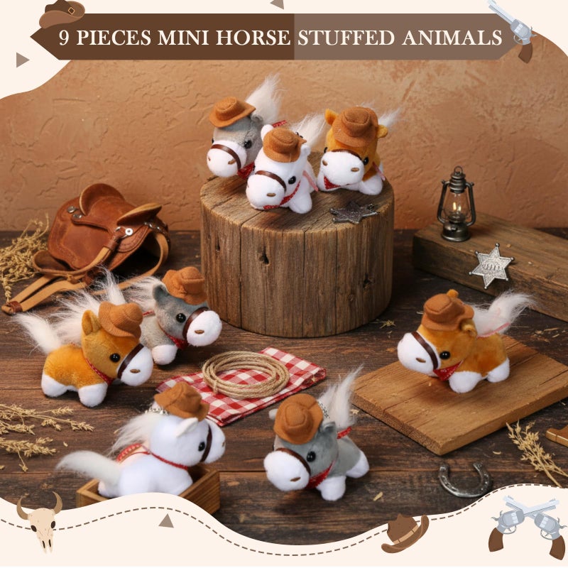 Vertintong 9 Pack Horse Stuffed Animals 4 Inch Mini Plush Toy Standing Plush Horse with Cowboy Hat and Bandana Detachable Chain for Animal Theme Birthday Party Decor Supplie(Light Colors) - Image 2