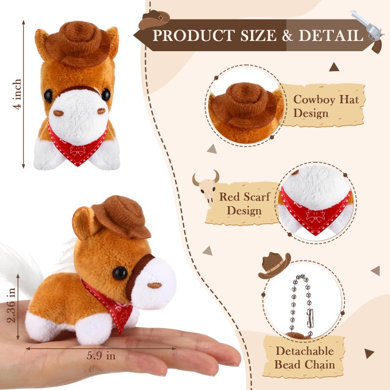 Vertintong 9 Pack Horse Stuffed Animals 4 Inch Mini Plush Toy Standing Plush Horse with Cowboy Hat and Bandana Detachable Chain for Animal Theme Birthday Party Decor Supplie(Light Colors) - Image 3