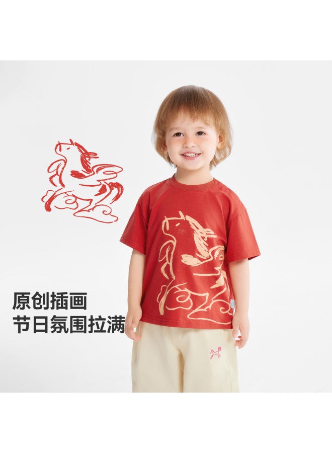 Galloping Horse Auspicious Attire] Baby T-shirt Short Sleeve New Year Boy's Casual Base Layer New Year Outfit Visiting Outfit Red Girl's - Image 3
