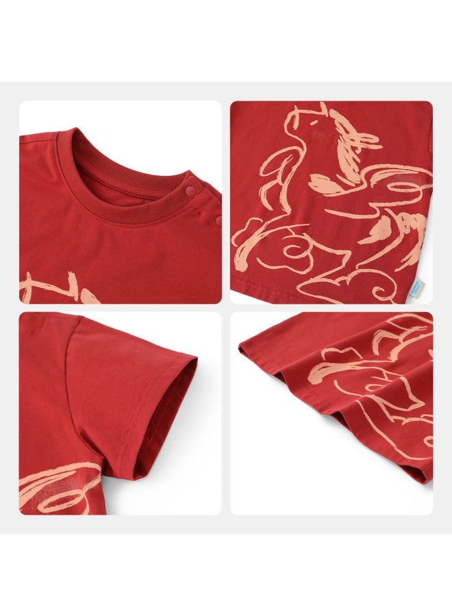 Galloping Horse Auspicious Attire] Baby T-shirt Short Sleeve New Year Boy's Casual Base Layer New Year Outfit Visiting Outfit Red Girl's - Image 4