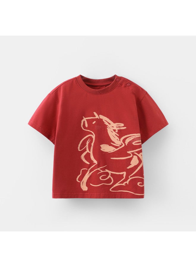 Galloping Horse Auspicious Attire] Baby T-shirt Short Sleeve New Year Boy's Casual Base Layer New Year Outfit Visiting Outfit Red Girl's - Image 5