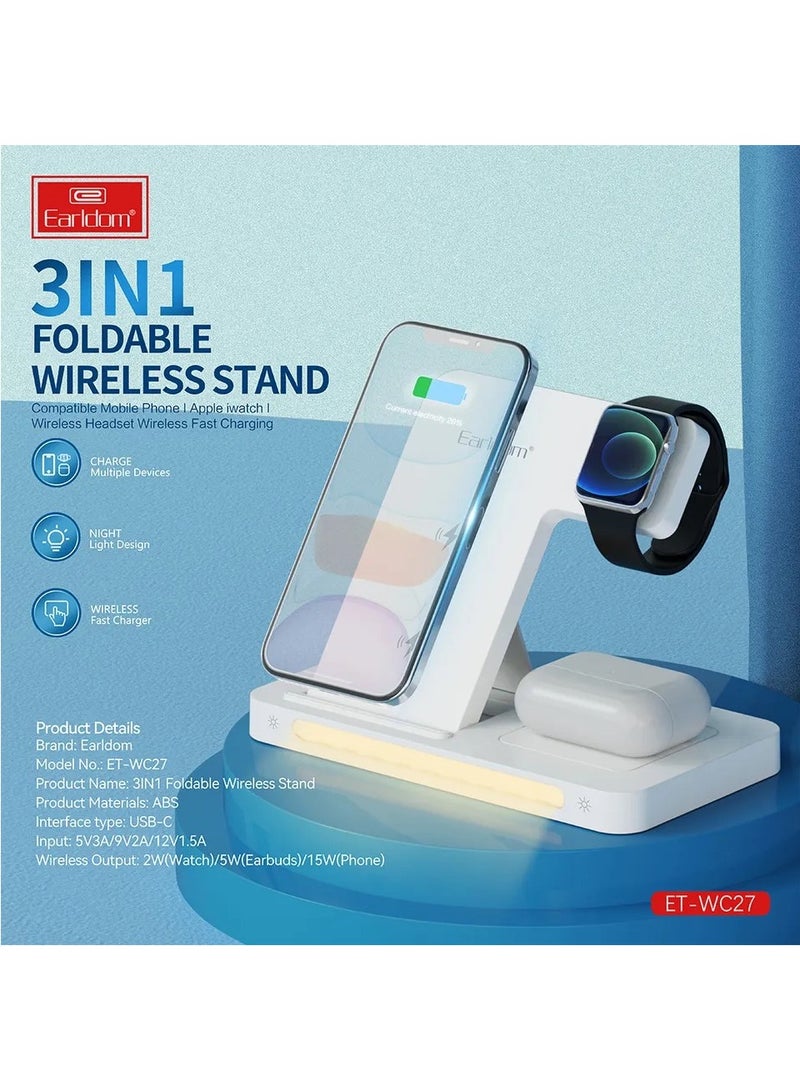 Earldom 15W wireless charger 3 in one Adapter Fast Charging 3 in 1 Wireless Charger Foldable For iPhone for iWatch - Image 2