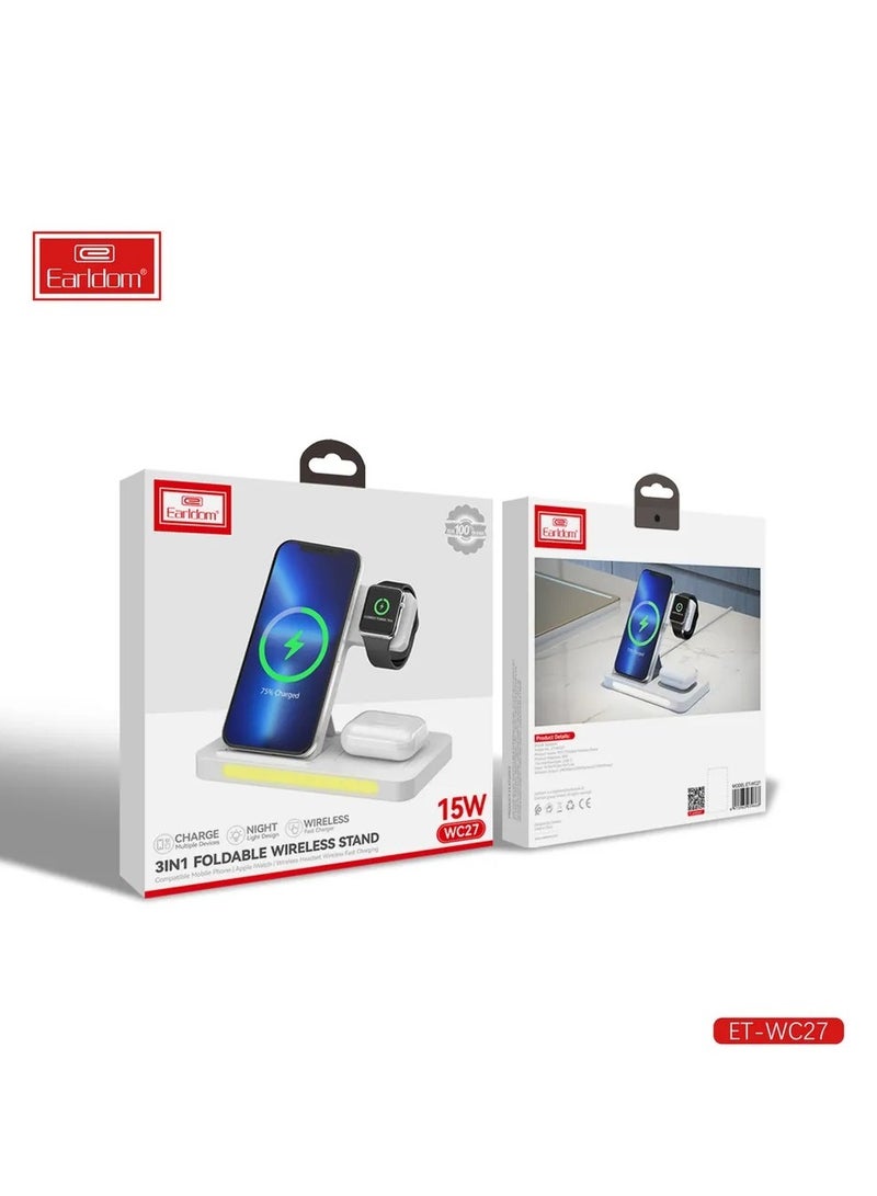 Earldom 15W wireless charger 3 in one Adapter Fast Charging 3 in 1 Wireless Charger Foldable For iPhone for iWatch - Image 3