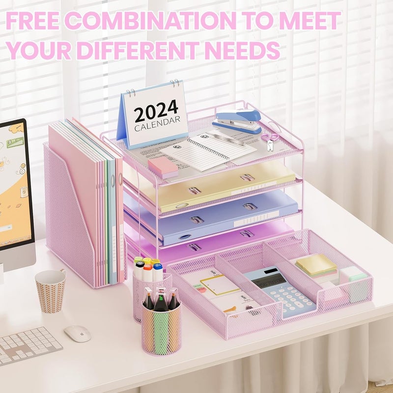 KASTWAVE Pink 4-Tier Desk Organizer with Drawer and Pen Holders – Office Desktop File and Stationery Storage, Multi-Compartment Desk Organizer for Paperwork, Office Supplies - Image 4