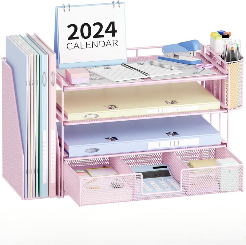KASTWAVE Pink 4-Tier Desk Organizer with Drawer and Pen Holders – Office Desktop File and Stationery Storage, Multi-Compartment Desk Organizer for Paperwork, Office Supplies - Image 1