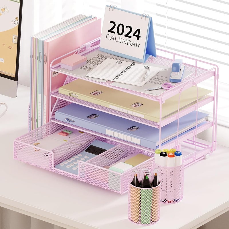 KASTWAVE Pink 4-Tier Desk Organizer with Drawer and Pen Holders – Office Desktop File and Stationery Storage, Multi-Compartment Desk Organizer for Paperwork, Office Supplies - Image 2