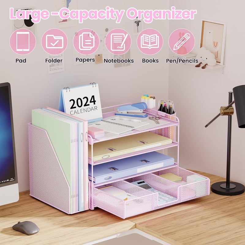 KASTWAVE Pink 4-Tier Desk Organizer with Drawer and Pen Holders – Office Desktop File and Stationery Storage, Multi-Compartment Desk Organizer for Paperwork, Office Supplies - Image 3