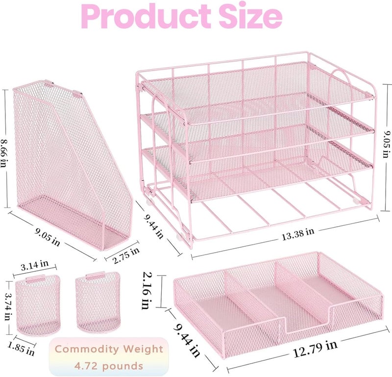 KASTWAVE Pink 4-Tier Desk Organizer with Drawer and Pen Holders – Office Desktop File and Stationery Storage, Multi-Compartment Desk Organizer for Paperwork, Office Supplies - Image 5