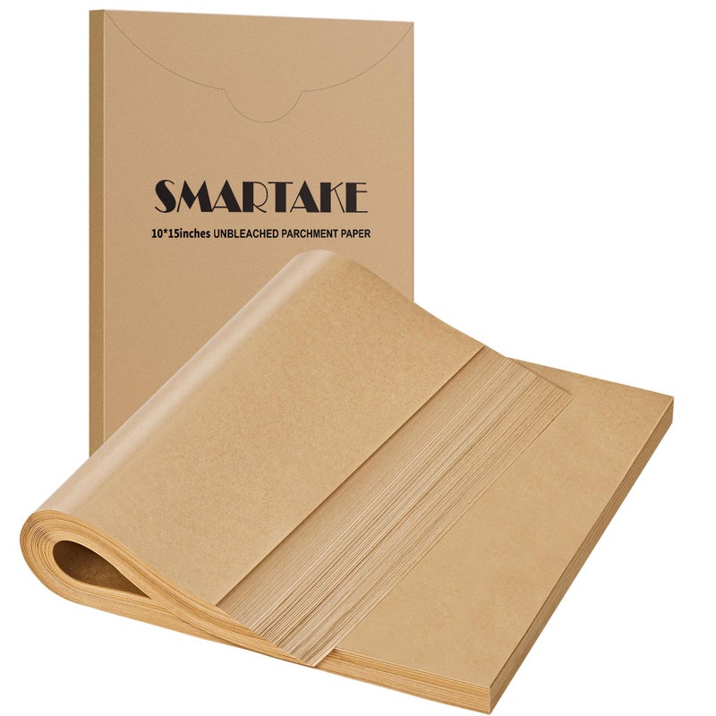 SMARTAKE 200 Pcs Parchment Paper Baking Sheets, 10x15 Inches Non-Stick Precut Baking Parchment, for Baking Grilling Air Fryer Steaming Bread Cup Cake Cookie and More (Unbleached) - Image 1