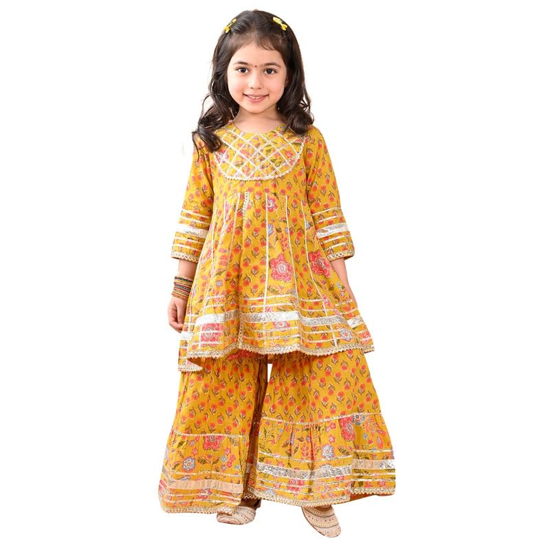 Superminis Girls Cotton Floral Printed Gotta Work 3/4 Sleeves Flared Design Kurti & Sharara Set (18-24 Months, Mustard) - Image 1