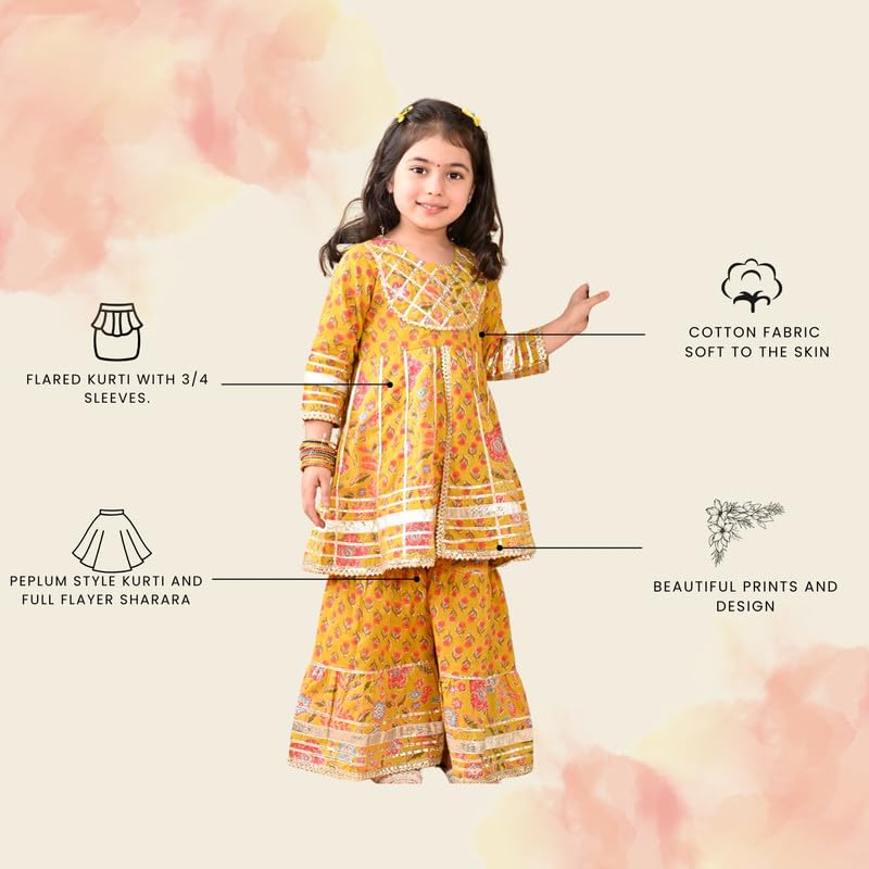 Superminis Girls Cotton Floral Printed Gotta Work 3/4 Sleeves Flared Design Kurti & Sharara Set (18-24 Months, Mustard) - Image 2
