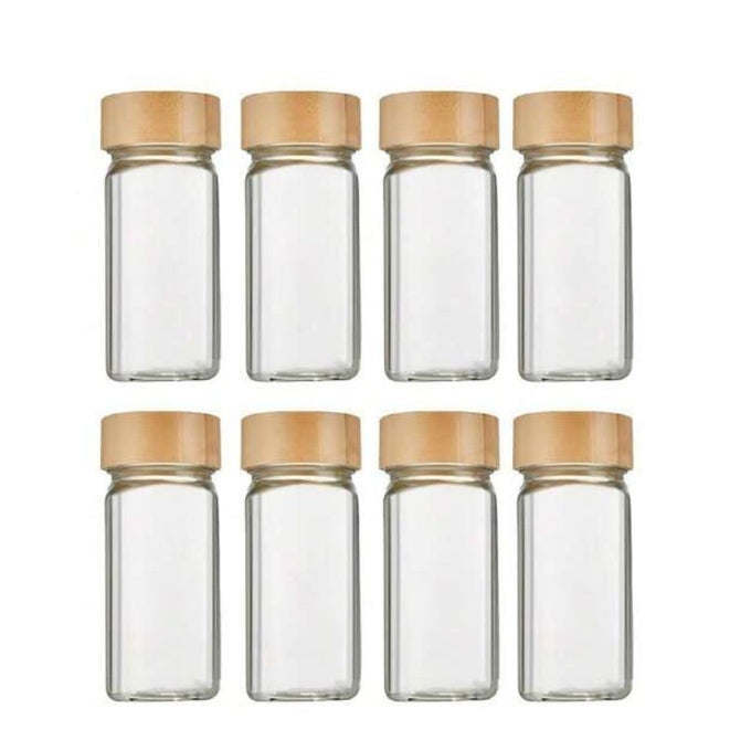 GLASS SPICE JARS WITH WITH BAMBOO LID THICKENED GLASS SEASONING JARS WITH SHAKER LIDS, AIRTIGHT SEALING SEASONING BOTTLES. (8)