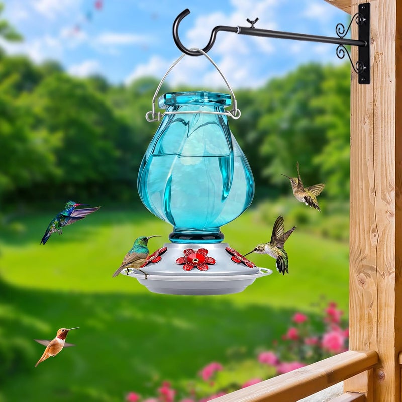 BOLITE Hummingbird Feeder, BOLITE Glass Hummingbird Feeders for Outdoors Hanging, with Ant Moat and Five Feeding Ports, 22 Ounces, Leak Proof, Blue Bottle - Image 4