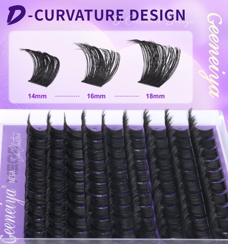 Geeneiya 200D Mega Lash Clusters Volume Eyelash Clusters D Curvature Cluster Eyelash Extensions, 14-16-18MM Mega Lashes - Image 3