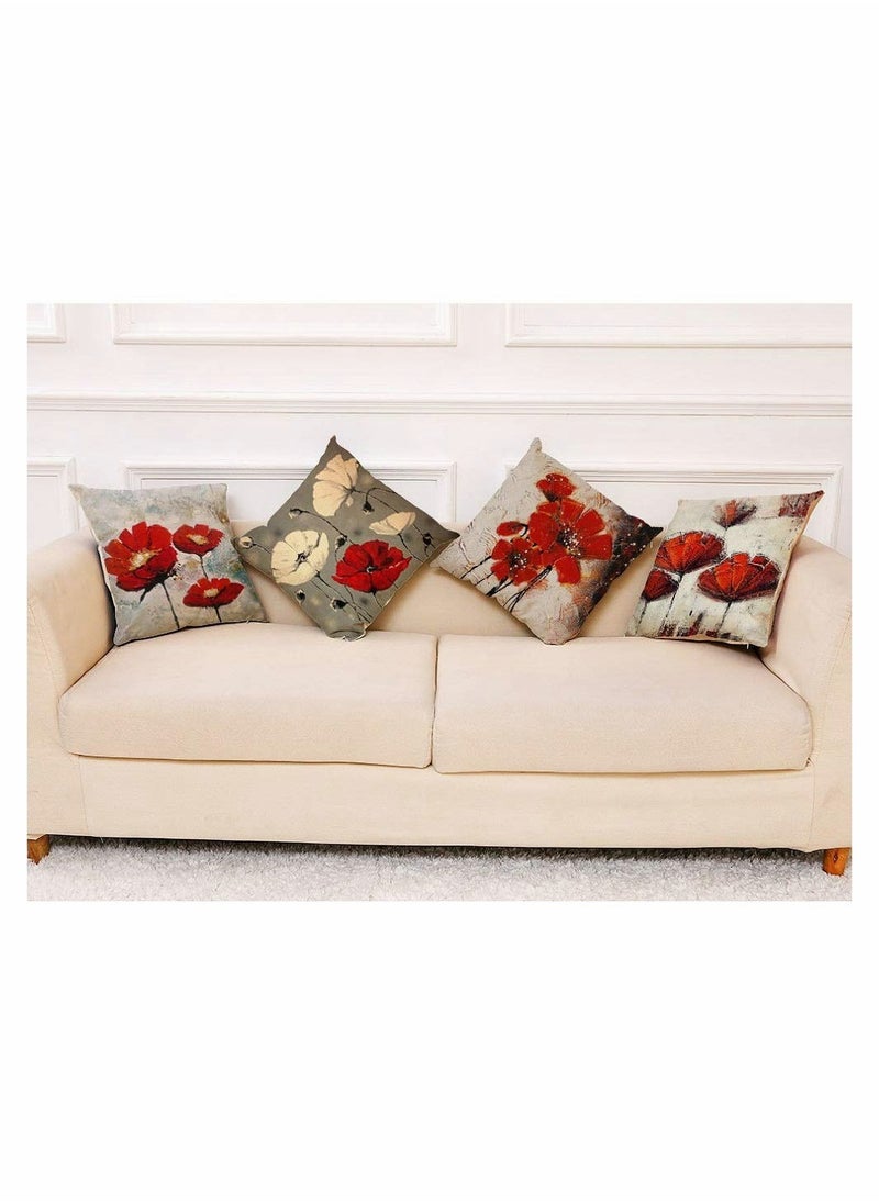 Generic Set of 4 Red Floral Throw Pillow Covers 18x18 Boho Linen Cushion Cases for Living Room Sofa and Bed Decor  - Image 2
