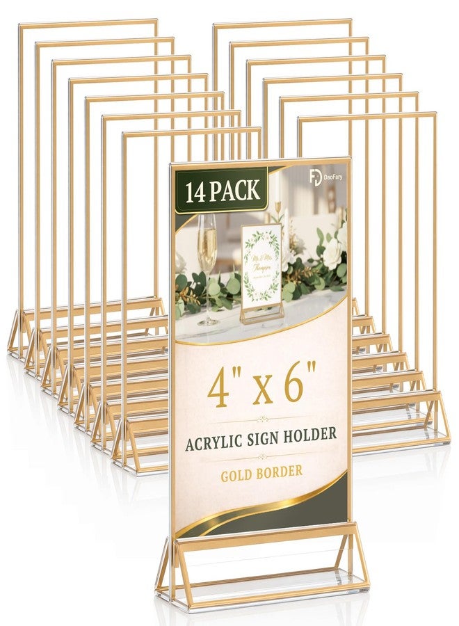 Daofary 14 Pack Acrylic Sign Holder 4 x 6, Double Sided Gold Picture Frames Display Stand, Clear Sign Holders Menu Flyer Holder for Menus,Wedding Party Offices - Image 1
