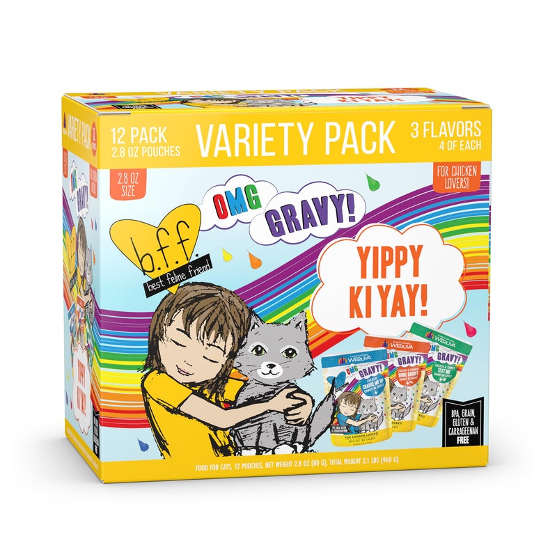 Weruva B.F.F. OMG - Best Feline Friend Oh My Gravy!, Yippy Ki Yay Yellows! Variety Pack, 2.8oz Pouch (Pack of 12) - Image 1
