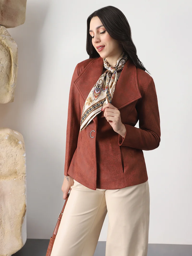 Globus Women Rust Shawl Collar Long Sleeves Self Design Suede 2 Pockets Soft Functional Winterwear Overcoat