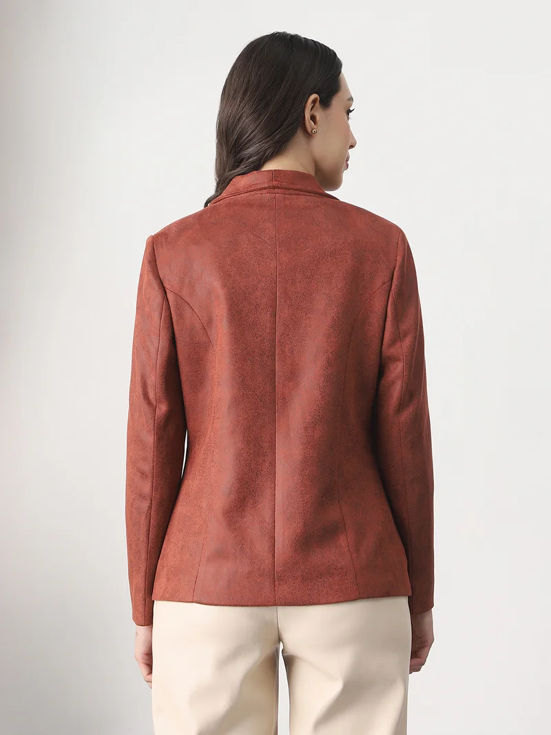 globus Globus Women Rust Shawl Collar Long Sleeves Self Design Suede 2 Pockets Soft Functional Winterwear Overcoat