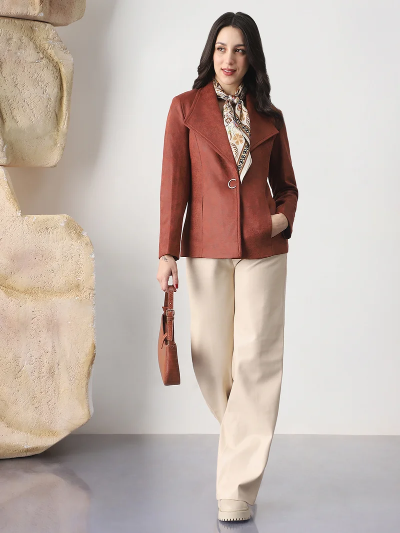 globus Globus Women Rust Shawl Collar Long Sleeves Self Design Suede 2 Pockets Soft Functional Winterwear Overcoat