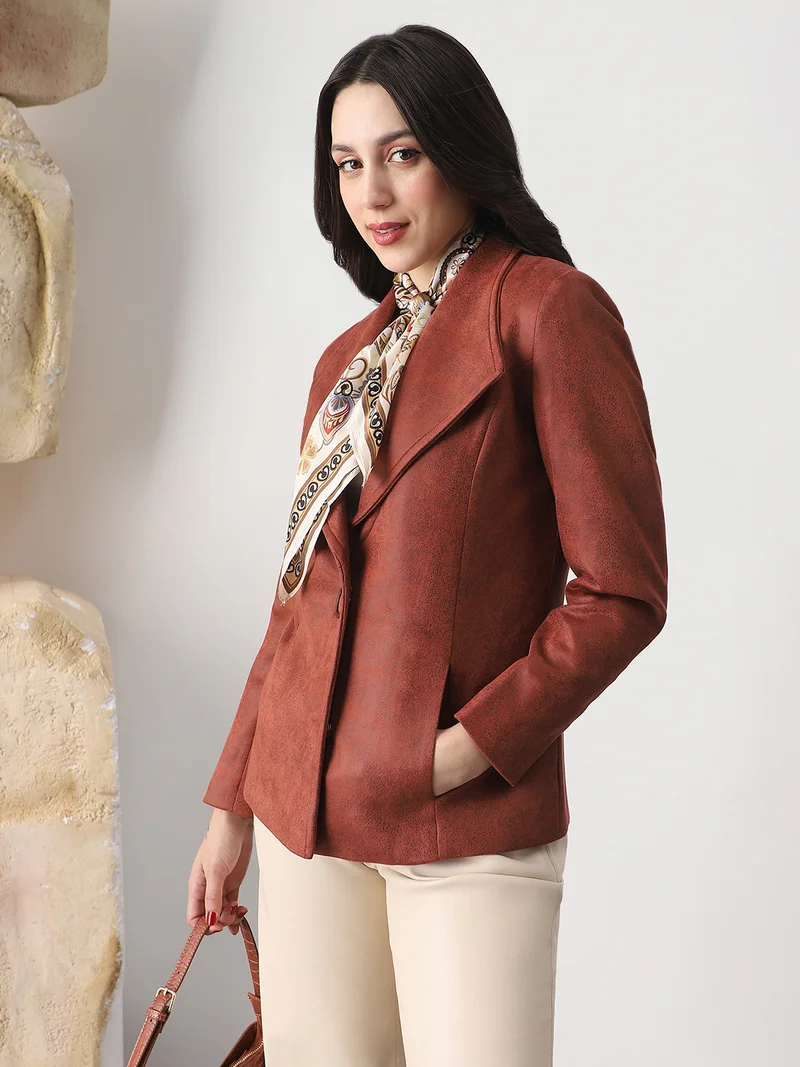 globus Globus Women Rust Shawl Collar Long Sleeves Self Design Suede 2 Pockets Soft Functional Winterwear Overcoat
