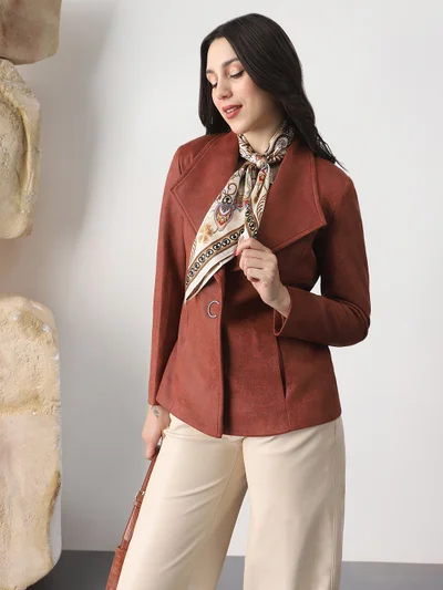 globus Globus Women Rust Shawl Collar Long Sleeves Self Design Suede 2 Pockets Soft Functional Winterwear Overcoat