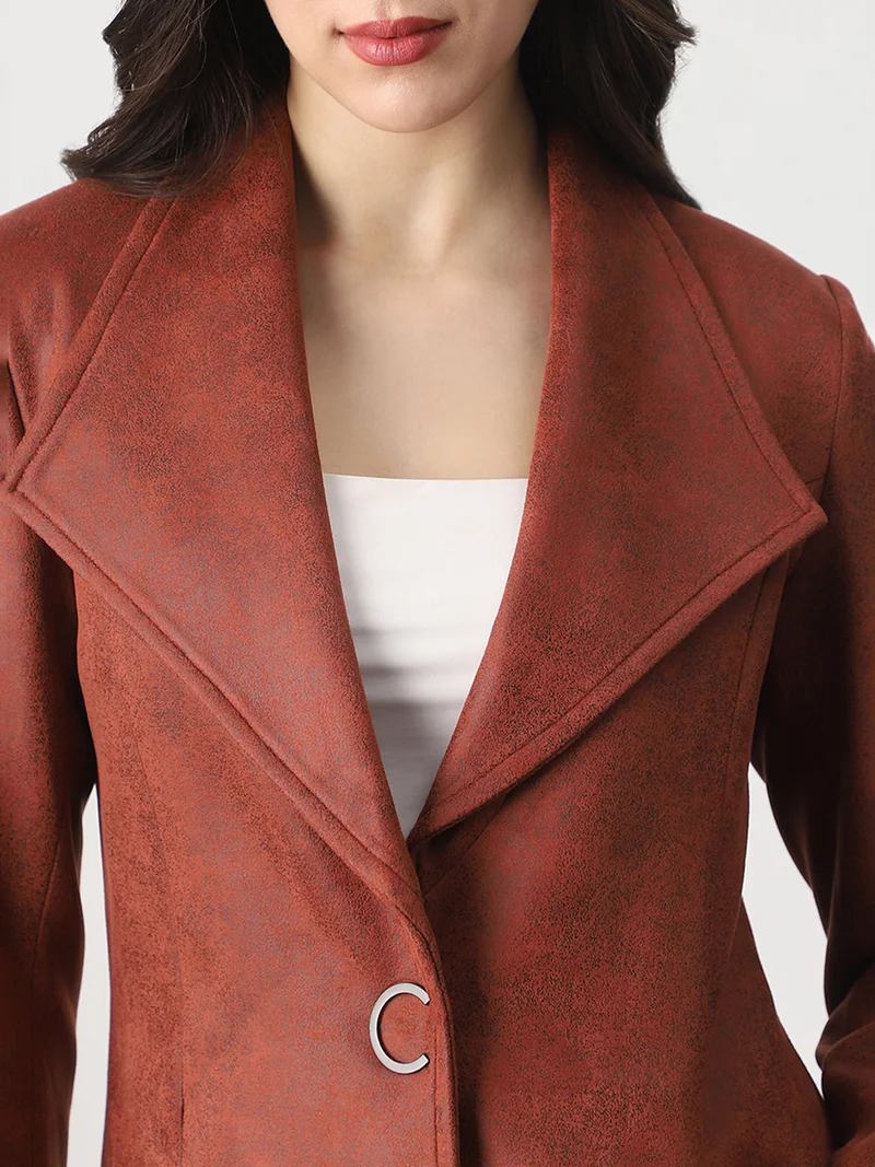 globus Globus Women Rust Shawl Collar Long Sleeves Self Design Suede 2 Pockets Soft Functional Winterwear Overcoat