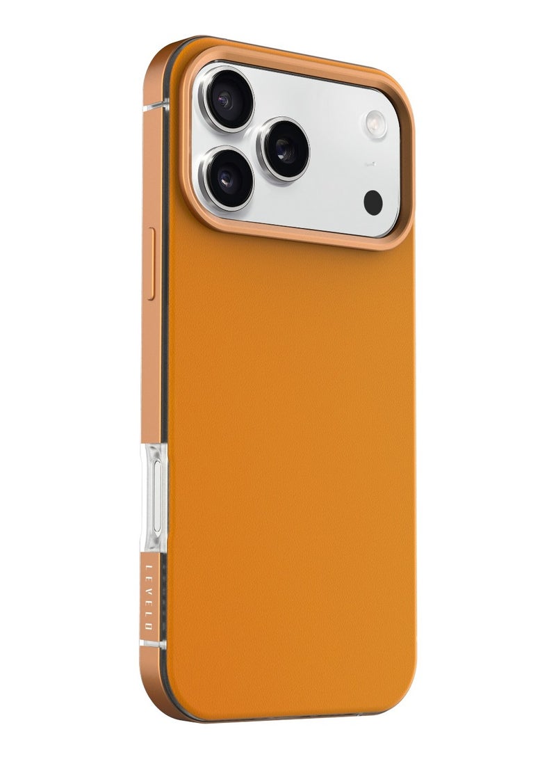 LEVELO iPhone 17 Pro Max MagSafe Case Mia with Matte Silicone Texture & Shock-Resistant Bumper / Anti-Fingerprint & Non-Slip Texture / Aluminum Alloy Frame for Camera & Edges / Frosted Clear Design - Orange - Image 2