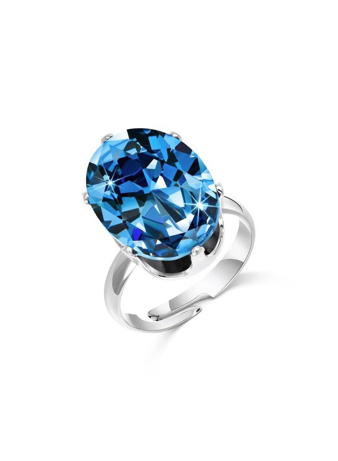 Linawe Aquamarine Adjustable Ring Blue Cubic Zirconia Diamond Crystal Silver Jewelry for Women, Oval Birthstone Gemstone Rhinestone Chunky Boho Cocktail Dupes Jewelry, Large, Rhinestone Glass Stone, - Image 5