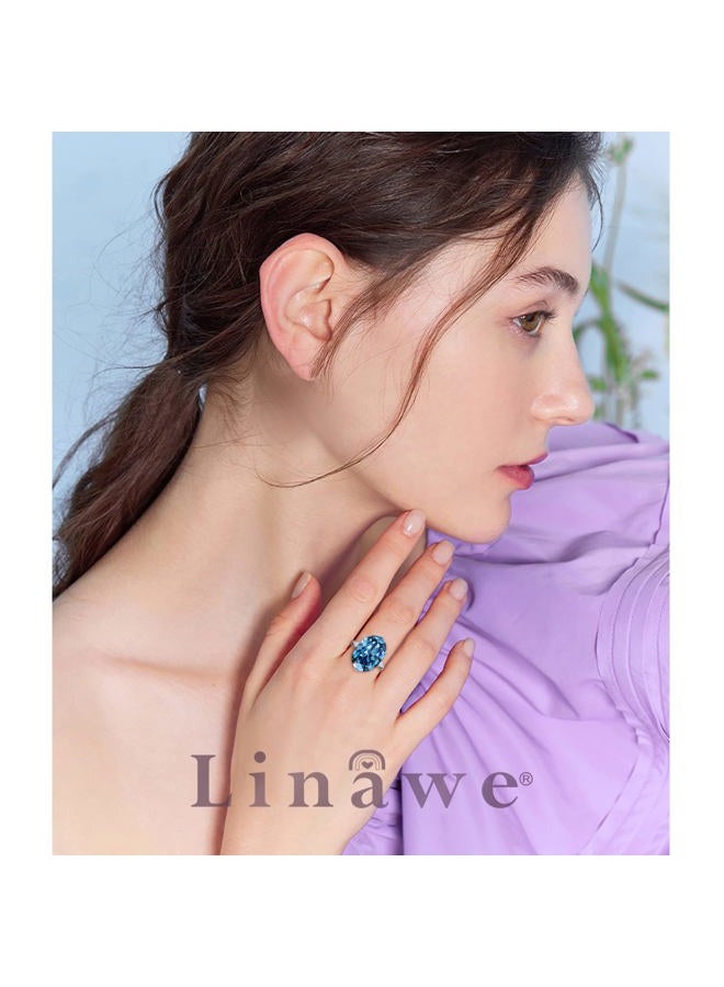 Linawe Aquamarine Adjustable Ring Blue Cubic Zirconia Diamond Crystal Silver Jewelry for Women, Oval Birthstone Gemstone Rhinestone Chunky Boho Cocktail Dupes Jewelry, Large, Rhinestone Glass Stone, - Image 3