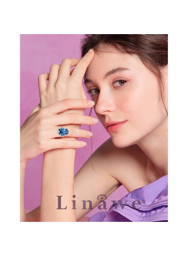 Linawe Aquamarine Adjustable Ring Blue Cubic Zirconia Diamond Crystal Silver Jewelry for Women, Oval Birthstone Gemstone Rhinestone Chunky Boho Cocktail Dupes Jewelry, Large, Rhinestone Glass Stone, - Image 4