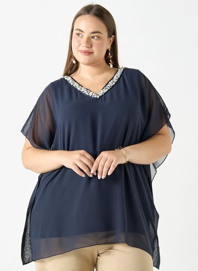 Ulla Popken Plus Size Ulla Popken Embellished V-Neck Top