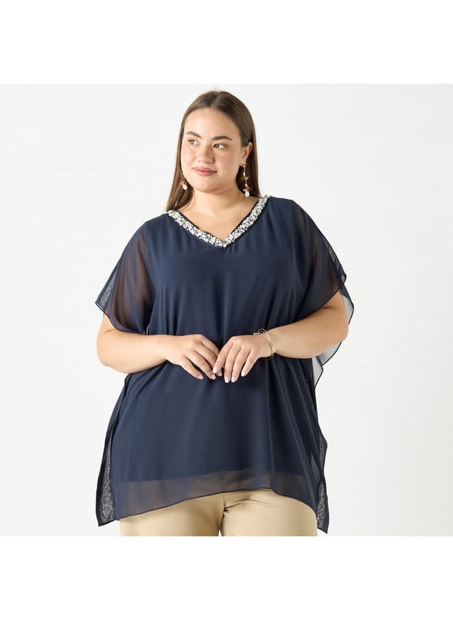 Ulla Popken Plus Size Ulla Popken Embellished V-Neck Top  - Image 1