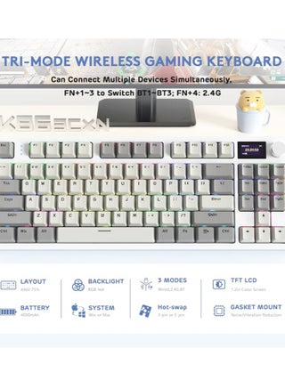 لوحة مفاتيح ميكانيكية K86 RGB ذات حشية لاسلكية، وضع ثلاثيBluetooth5.0/2.4G/USB-C 87 مفتاحًا لوحة مفاتيح ألعاب قابلة للتبديل السريع، بطارية 4000 مللي أمبير في الساعة 1.2 بوصة HD OLED زر دوار بحجم الشا - view 3