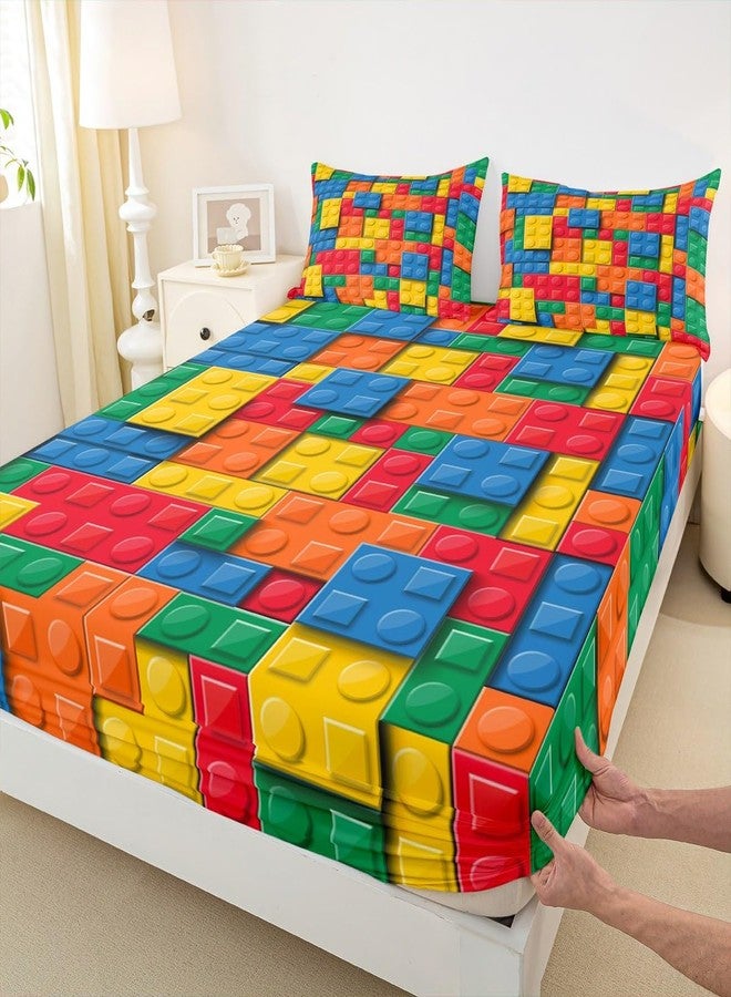 Erosebridal طقم ملاءات بناء ثلاثية الأبعاد من إيروسبريدال، مقاس كوين، ملاءات ملونة للأطفال الأولاد، ملاءة علوية بتصميم مكعبات بناء، ألوان قوس قزح متدرجة، ديكور غرفة ألعاب، أصفر، أخضر، أزرق، برتقالي، أحمر - Image 5