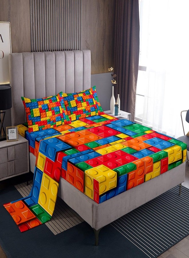 Erosebridal طقم ملاءات بناء ثلاثية الأبعاد من إيروسبريدال، مقاس كوين، ملاءات ملونة للأطفال الأولاد، ملاءة علوية بتصميم مكعبات بناء، ألوان قوس قزح متدرجة، ديكور غرفة ألعاب، أصفر، أخضر، أزرق، برتقالي، أحمر - Image 1