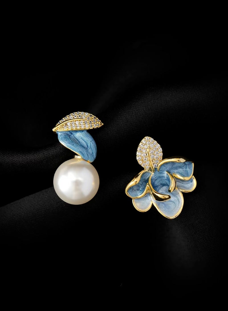 فيساليا أقراط النساء اللؤلؤة الزهرية غير المتماثلة المألوفة والرائعة ، والتي تتميز بحرفية المينا الأزرق والأبيض الصينية ، وإكسسوار نسائي عصري وفريد من نوعه - Image 3