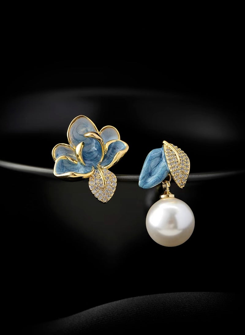 فيساليا أقراط النساء اللؤلؤة الزهرية غير المتماثلة المألوفة والرائعة ، والتي تتميز بحرفية المينا الأزرق والأبيض الصينية ، وإكسسوار نسائي عصري وفريد من نوعه - Image 4