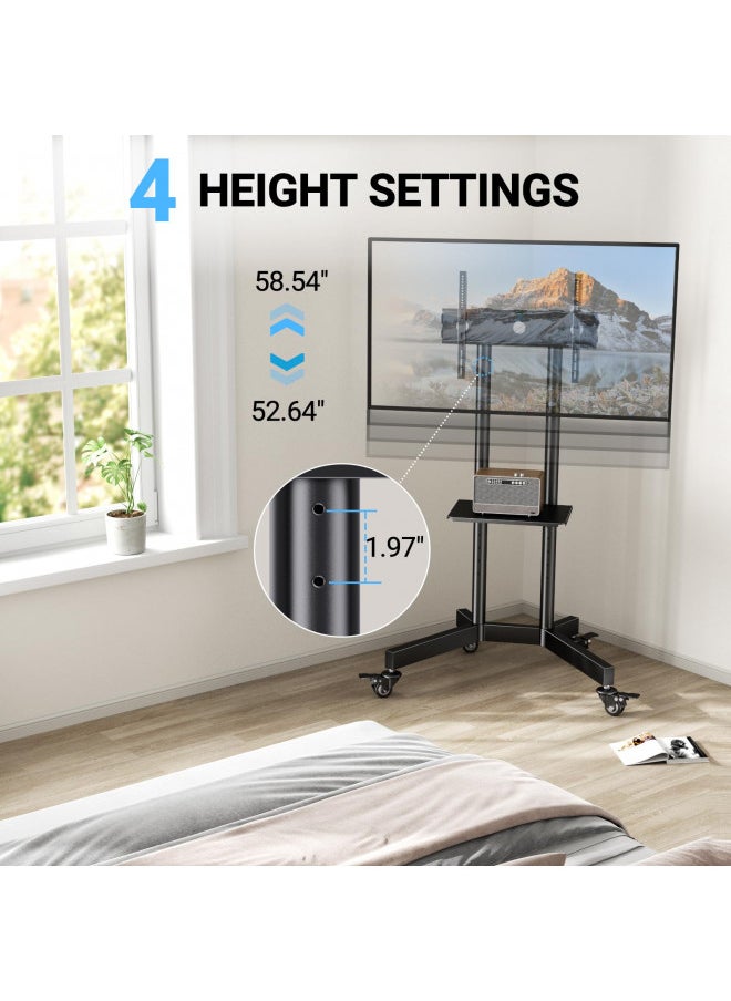 PERLESMITH Rolling TV Stand for 32-85 Inch TVs Holds up to 132 Lbs, Height Adjustable Mobile TV Cart with Wheels, Mobile TV Stand with Tray, Portable TV Stand for 4K TVs Max VESA 600x400mm PSTVMC01