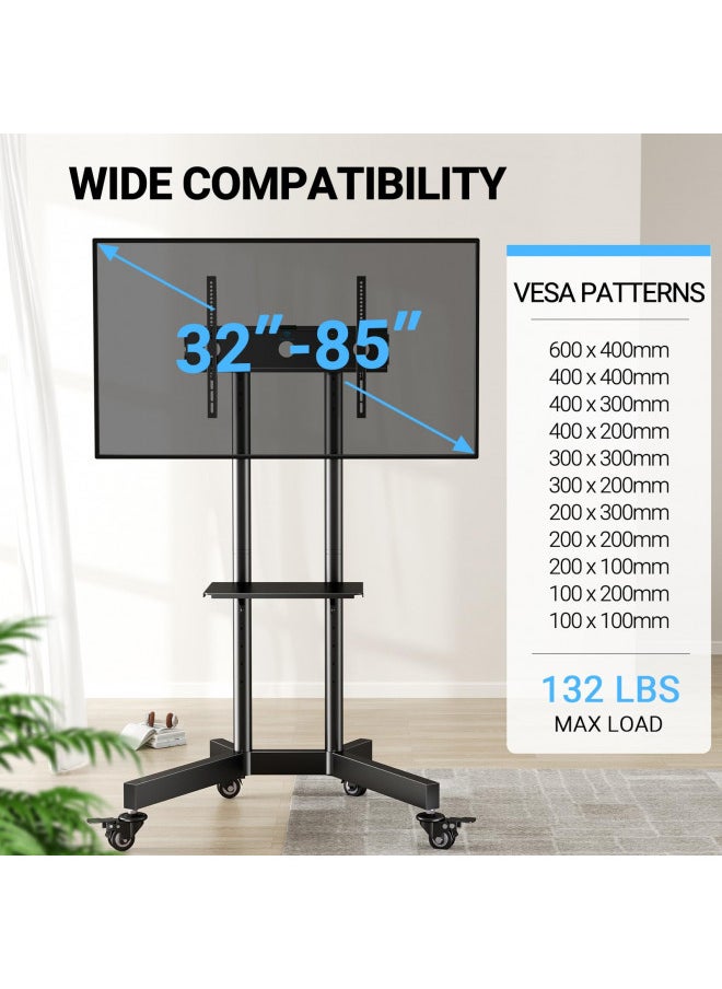 PERLESMITH Rolling TV Stand for 32-85 Inch TVs Holds up to 132 Lbs, Height Adjustable Mobile TV Cart with Wheels, Mobile TV Stand with Tray, Portable TV Stand for 4K TVs Max VESA 600x400mm PSTVMC01