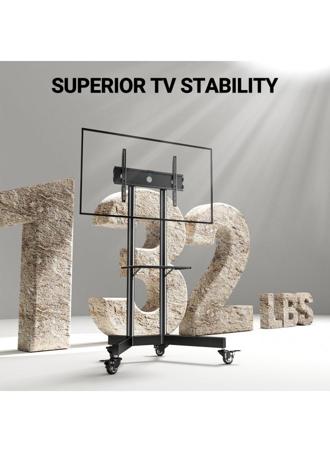 PERLESMITH Rolling TV Stand for 32-85 Inch TVs Holds up to 132 Lbs, Height Adjustable Mobile TV Cart with Wheels, Mobile TV Stand with Tray, Portable TV Stand for 4K TVs Max VESA 600x400mm PSTVMC01