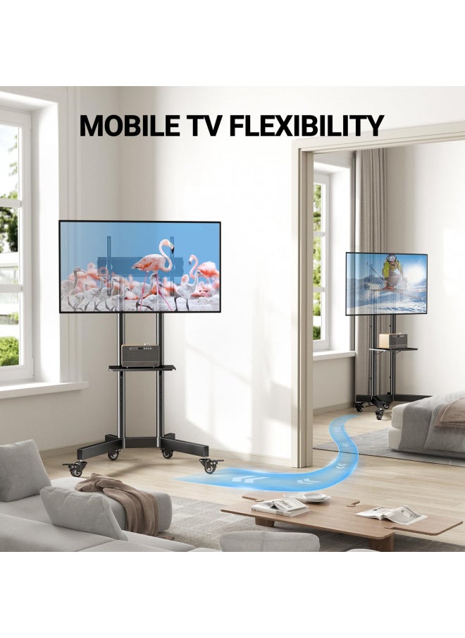 PERLESMITH Rolling TV Stand for 32-85 Inch TVs Holds up to 132 Lbs, Height Adjustable Mobile TV Cart with Wheels, Mobile TV Stand with Tray, Portable TV Stand for 4K TVs Max VESA 600x400mm PSTVMC01