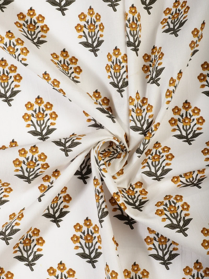 أيه كيه إس Floral Buti Print Fabric - White and Ochre Yellow