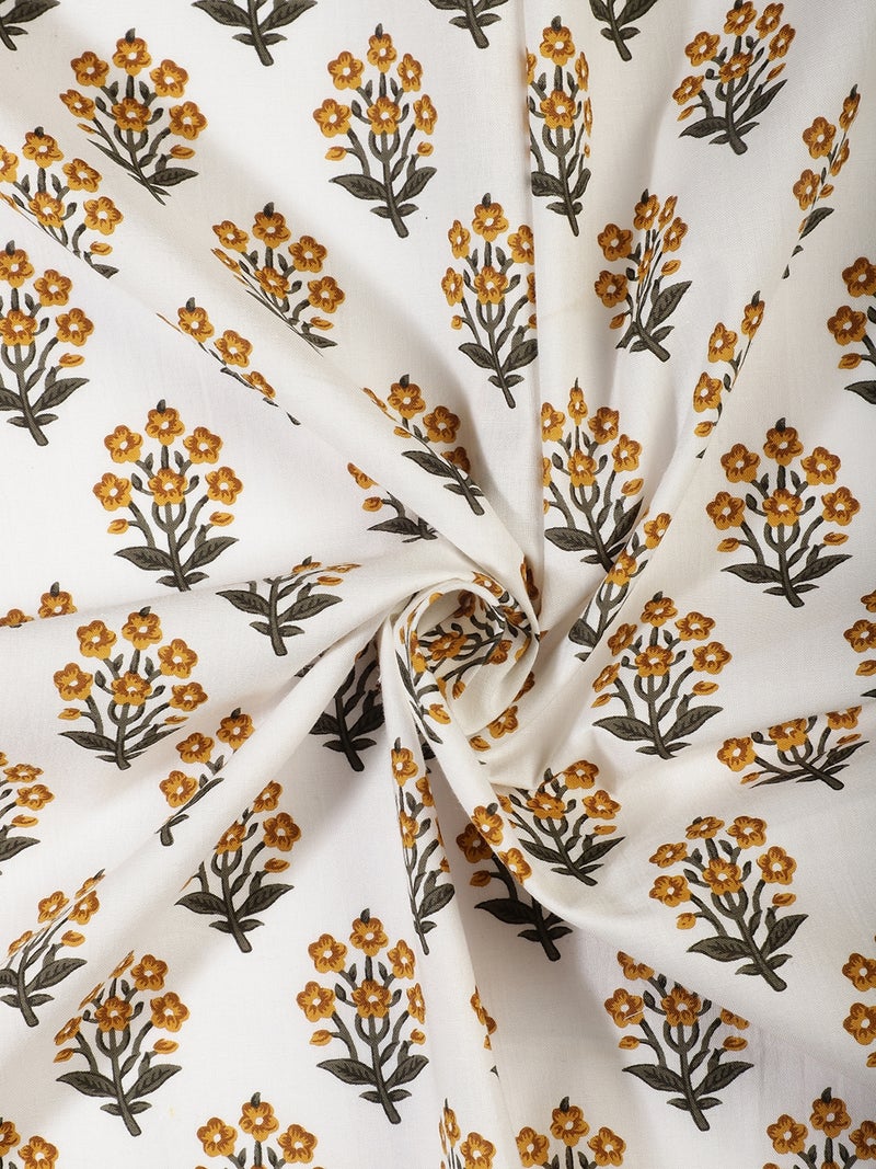AKS Floral Buti Print Fabric - White and Ochre Yellow - Image 2