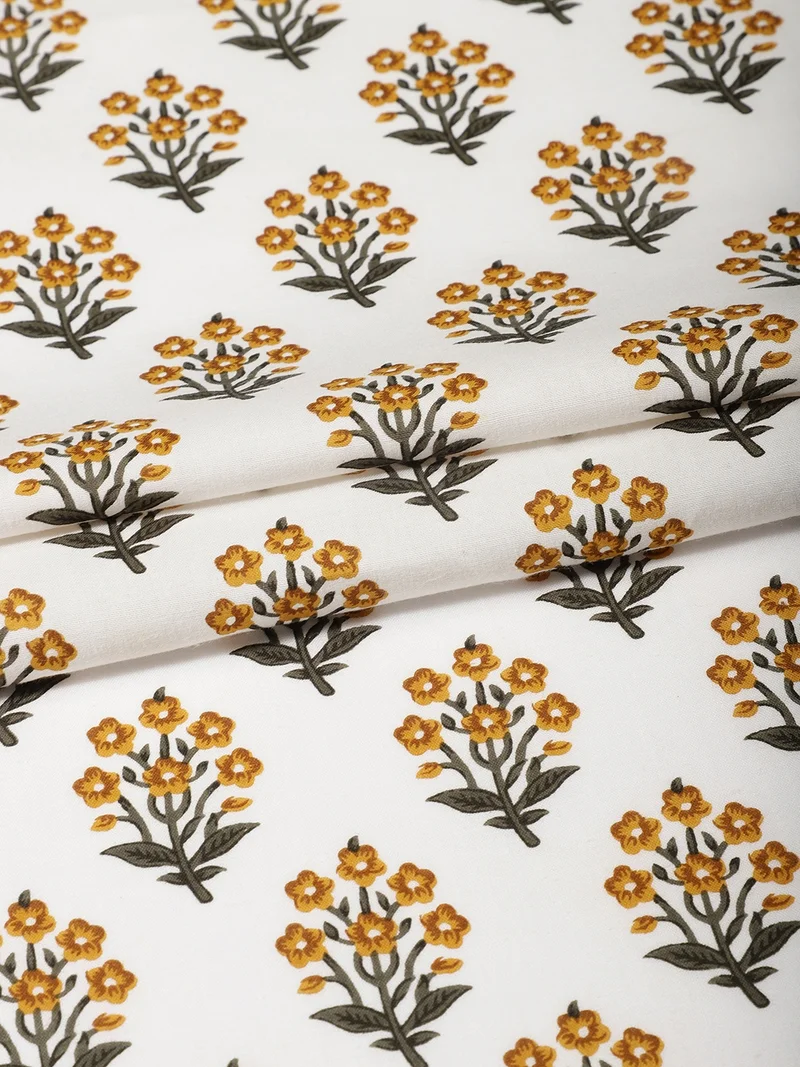 أيه كيه إس Floral Buti Print Fabric - White and Ochre Yellow