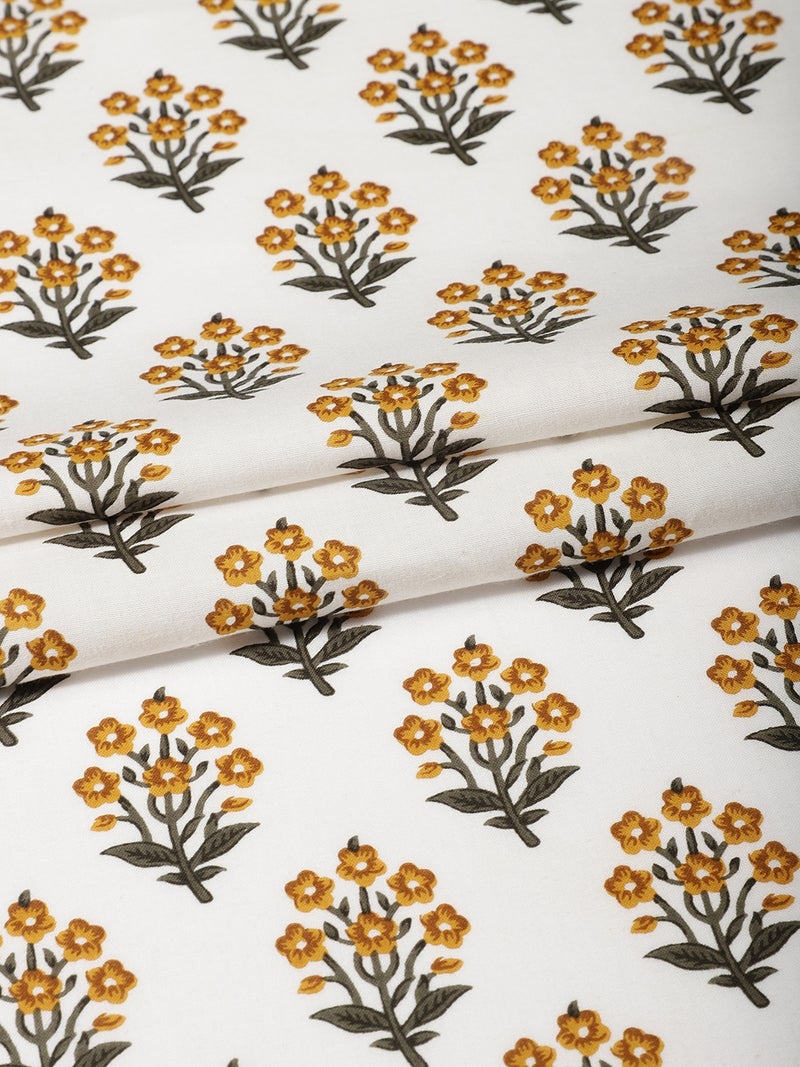 AKS Floral Buti Print Fabric - White and Ochre Yellow - Image 1