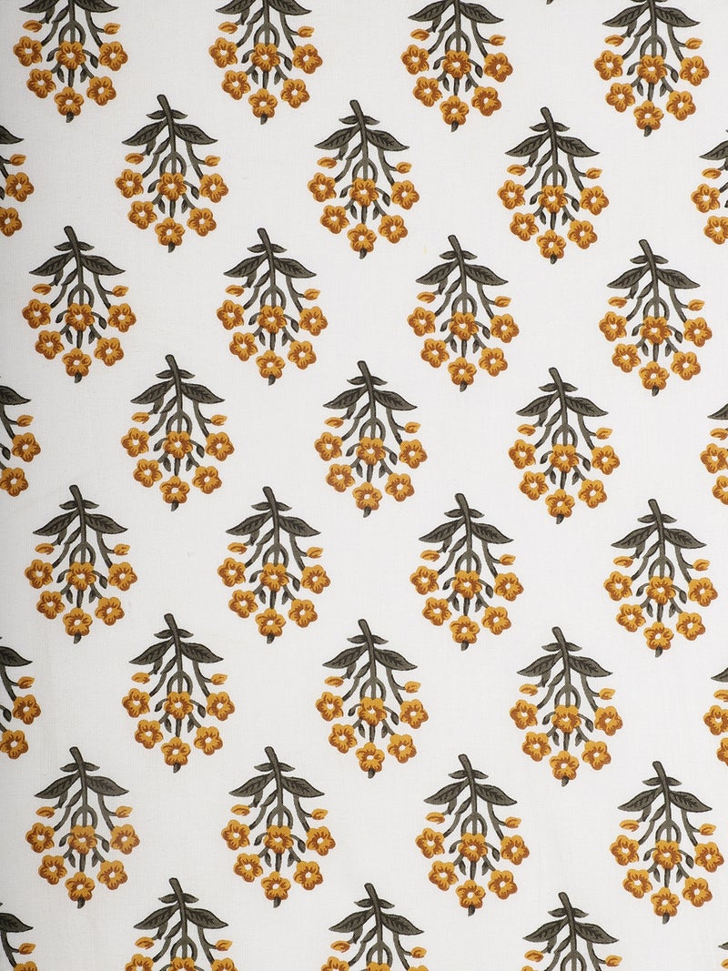 AKS Floral Buti Print Fabric - White and Ochre Yellow - Image 3