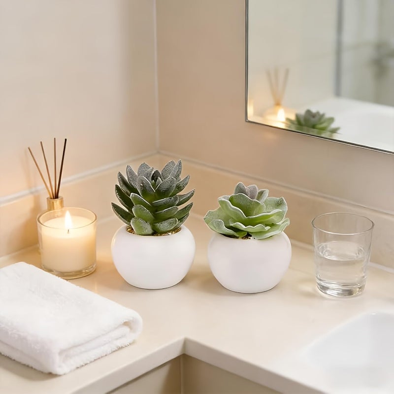 GREENTIME 6 Pcs Mini Artificial Succulents Plants in Ceramic Pots Small Fake Succulent Faux Plant Indoor Decor Bedroom Desk Bathroom Office Living Room Table Shelf Home Decoration Green White - Image 4
