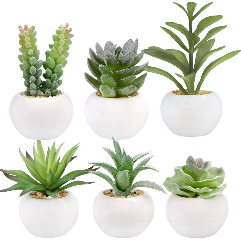 GREENTIME 6 Pcs Mini Artificial Succulents Plants in Ceramic Pots Small Fake Succulent Faux Plant Indoor Decor Bedroom Desk Bathroom Office Living Room Table Shelf Home Decoration Green White - Image 1